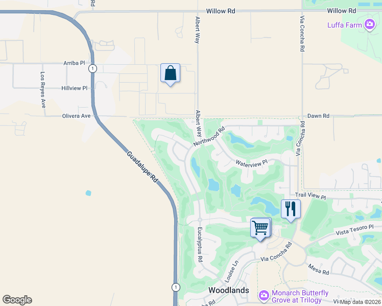 map of restaurants, bars, coffee shops, grocery stores, and more near 1835 Northwood Road in Nipomo