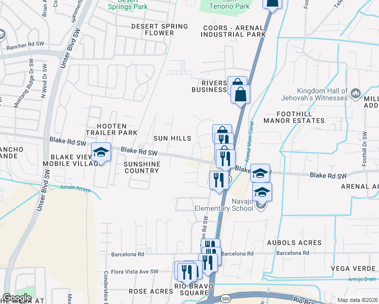 map of restaurants, bars, coffee shops, grocery stores, and more near 3816 Blake Road Southwest in Albuquerque