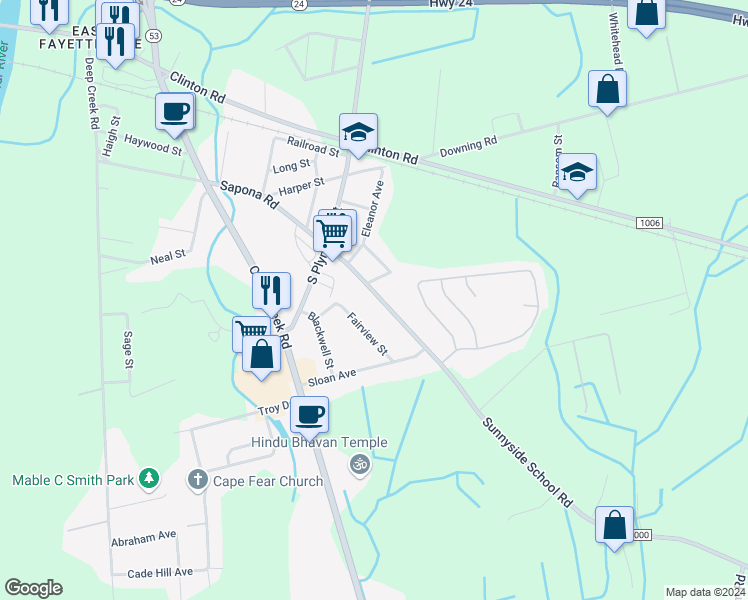 map of restaurants, bars, coffee shops, grocery stores, and more near 1920 Sapona Road in Fayetteville