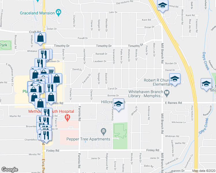 map of restaurants, bars, coffee shops, grocery stores, and more near 4070 Baskel Drive in Memphis