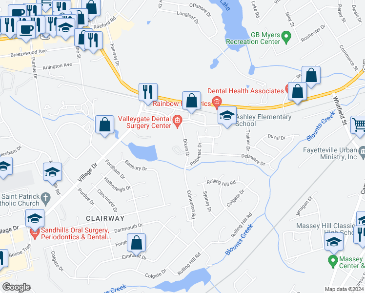 map of restaurants, bars, coffee shops, grocery stores, and more near 812 Sage Creek Lane in Fayetteville