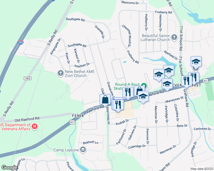map of restaurants, bars, coffee shops, grocery stores, and more near 1704 Grandview Drive in Fayetteville