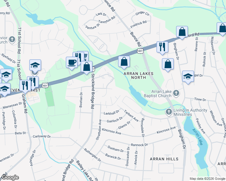 map of restaurants, bars, coffee shops, grocery stores, and more near 6434 Applecross Avenue in Fayetteville