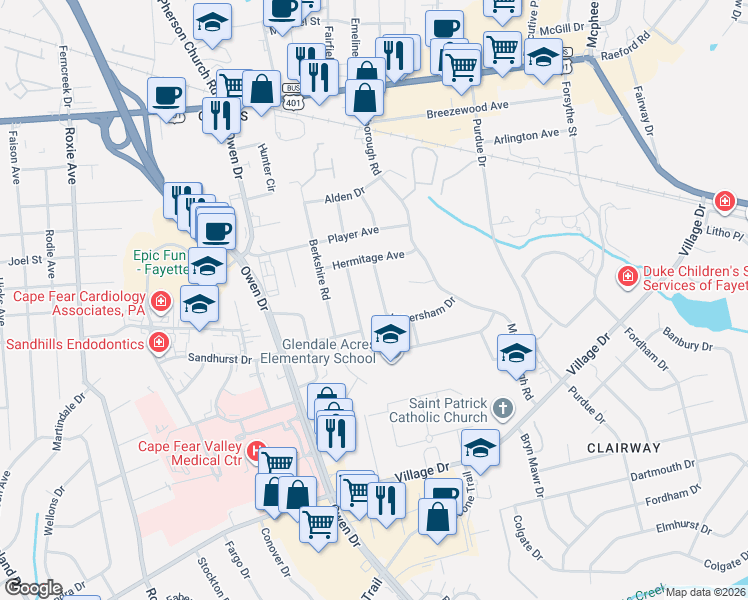 map of restaurants, bars, coffee shops, grocery stores, and more near 1433 Skycrest Drive in Fayetteville
