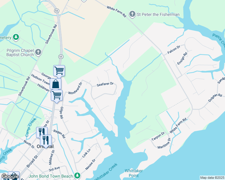 map of restaurants, bars, coffee shops, grocery stores, and more near 1417 Seafarer Drive in Oriental