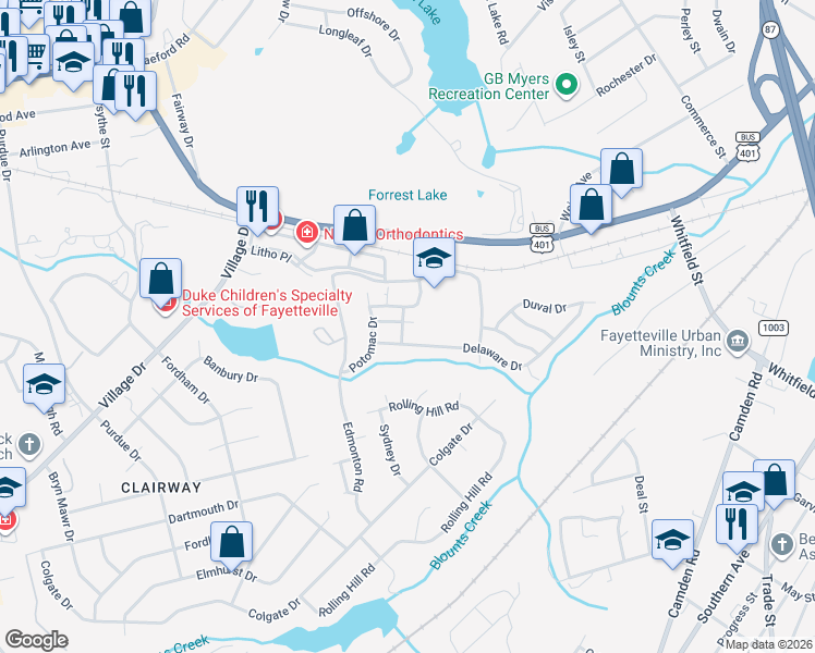 map of restaurants, bars, coffee shops, grocery stores, and more near 2960 Delaware Drive in Fayetteville