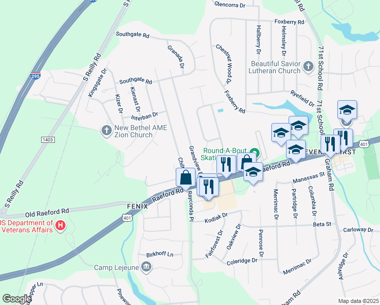 map of restaurants, bars, coffee shops, grocery stores, and more near 1704 Grandview Drive in Fayetteville