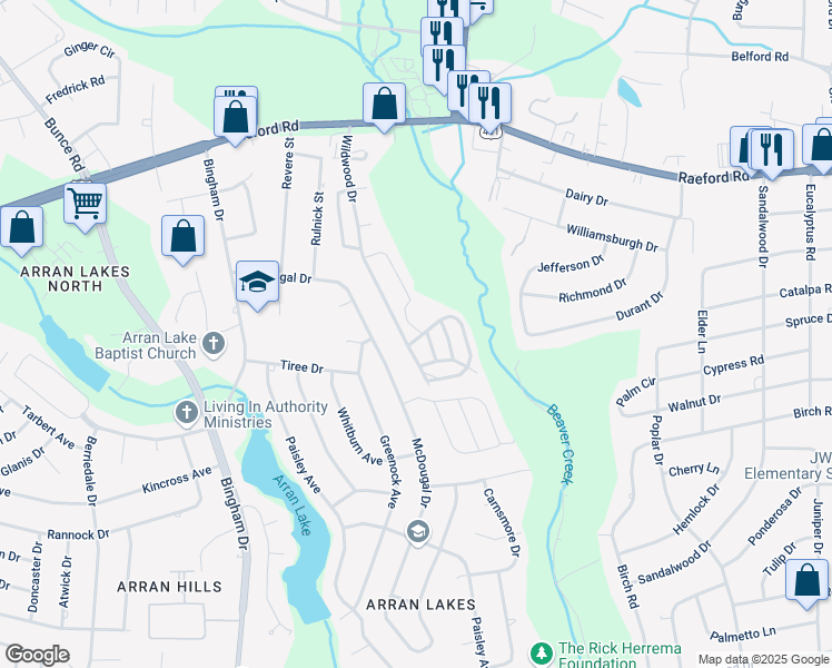 map of restaurants, bars, coffee shops, grocery stores, and more near 1200 Wildwood Drive in Fayetteville