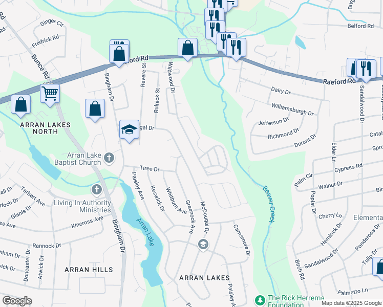 map of restaurants, bars, coffee shops, grocery stores, and more near 1200 Wildwood Drive in Fayetteville