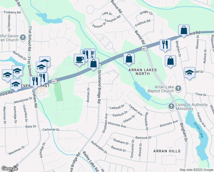 map of restaurants, bars, coffee shops, grocery stores, and more near 6541 Raeford Road in Fayetteville