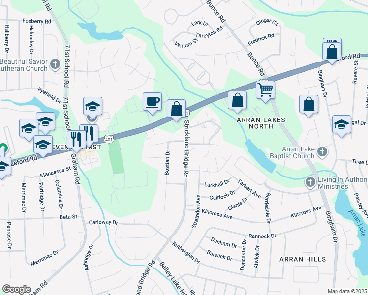 map of restaurants, bars, coffee shops, grocery stores, and more near 1064 Strickland Bridge Road in Fayetteville