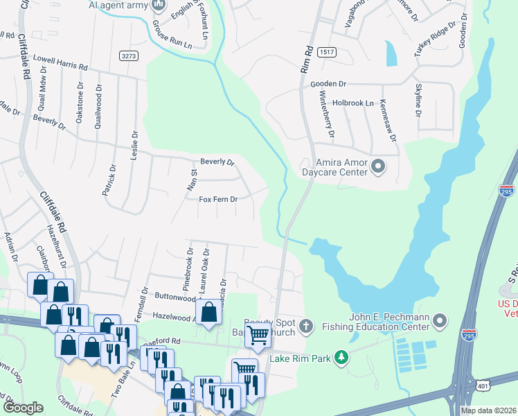 map of restaurants, bars, coffee shops, grocery stores, and more near 7482 Beverly Drive in Fayetteville