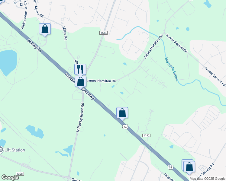 map of restaurants, bars, coffee shops, grocery stores, and more near 3898 West Highway 74 in Monroe