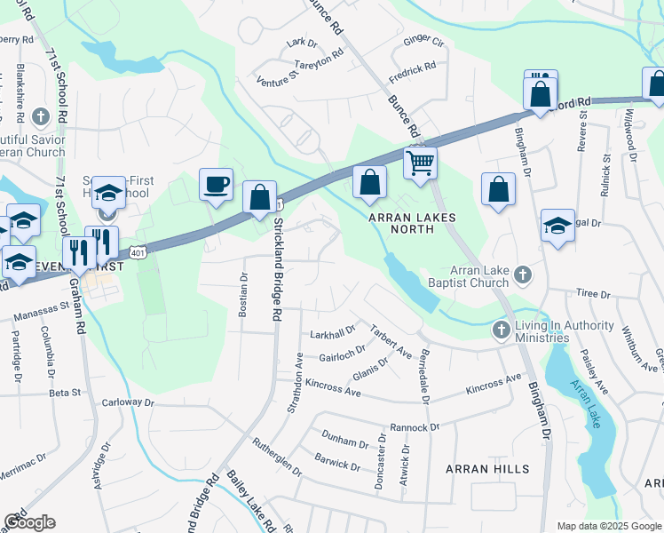 map of restaurants, bars, coffee shops, grocery stores, and more near 6403 Starbrook Drive in Fayetteville