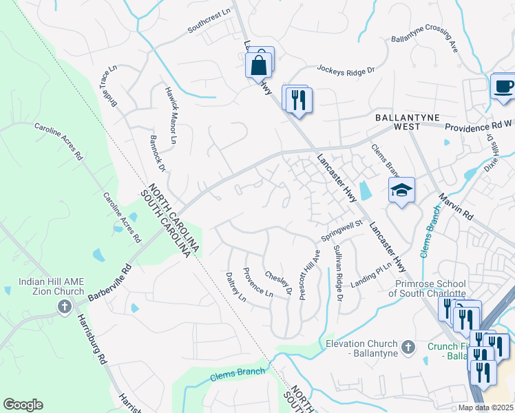 map of restaurants, bars, coffee shops, grocery stores, and more near 12341 Paperbark Circle in Charlotte