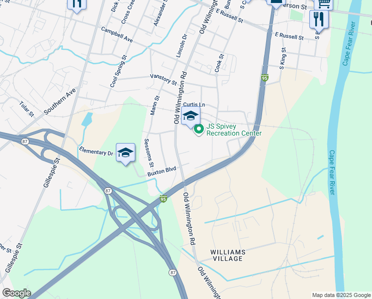 map of restaurants, bars, coffee shops, grocery stores, and more near 515 Grace Avenue in Fayetteville