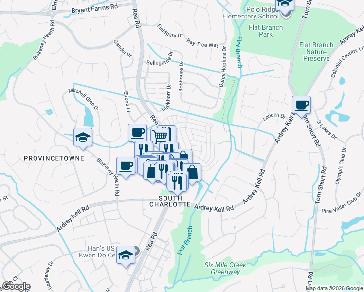 map of restaurants, bars, coffee shops, grocery stores, and more near 12647 Bullock Greenway Boulevard in Charlotte