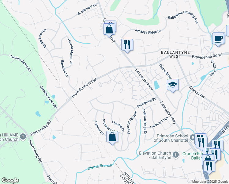 map of restaurants, bars, coffee shops, grocery stores, and more near 12305 Paperbark Circle in Charlotte
