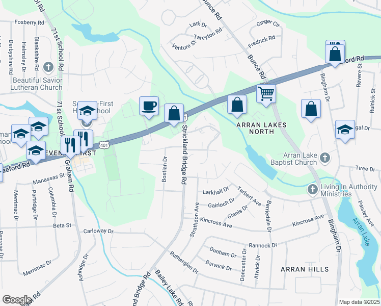 map of restaurants, bars, coffee shops, grocery stores, and more near 6445 Starbrook Drive in Fayetteville