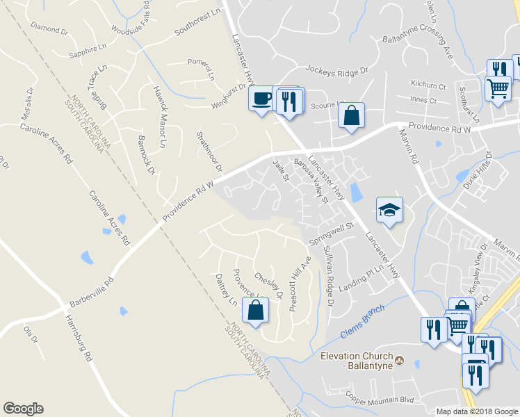 map of restaurants, bars, coffee shops, grocery stores, and more near 12305 Paperbark Circle in Charlotte