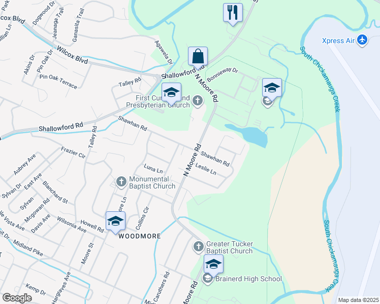 map of restaurants, bars, coffee shops, grocery stores, and more near 4603 Leslie Lane in Chattanooga