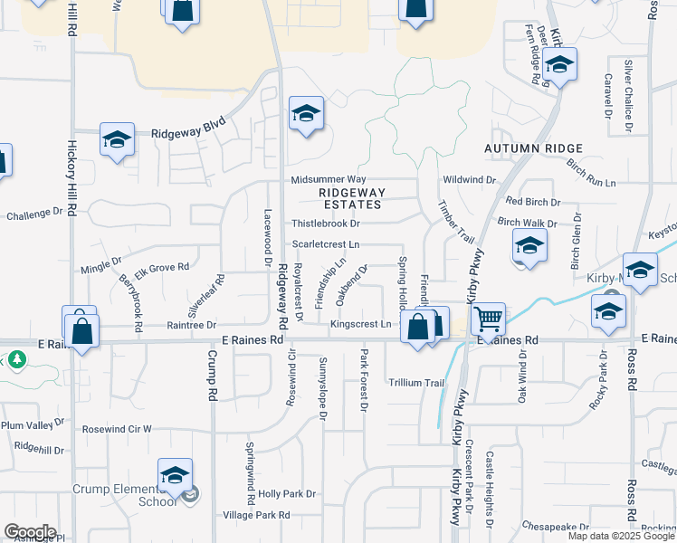 map of restaurants, bars, coffee shops, grocery stores, and more near 4058 Friendship Lane in Memphis