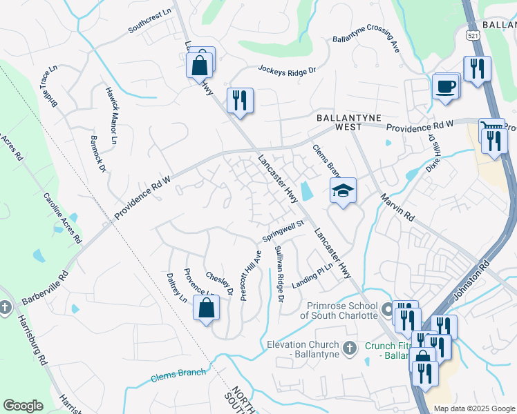 map of restaurants, bars, coffee shops, grocery stores, and more near 12213 Cannes Street in Charlotte