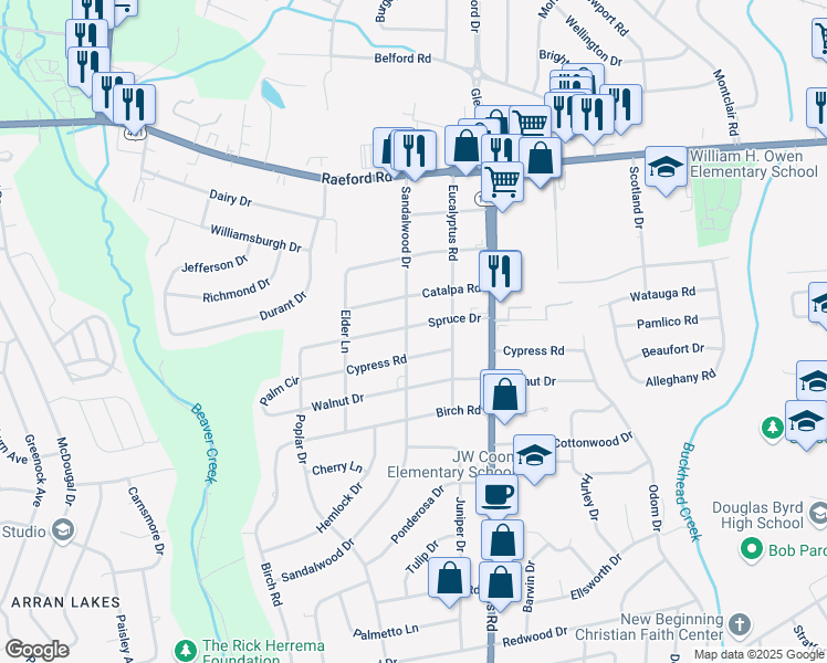 map of restaurants, bars, coffee shops, grocery stores, and more near 5111 Spruce Drive in Fayetteville