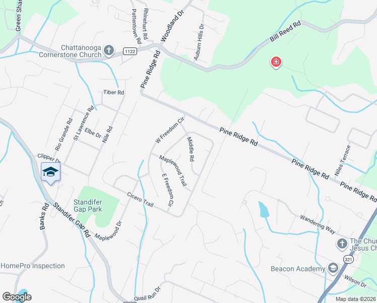 map of restaurants, bars, coffee shops, grocery stores, and more near 8320 Middle Road in Ooltewah