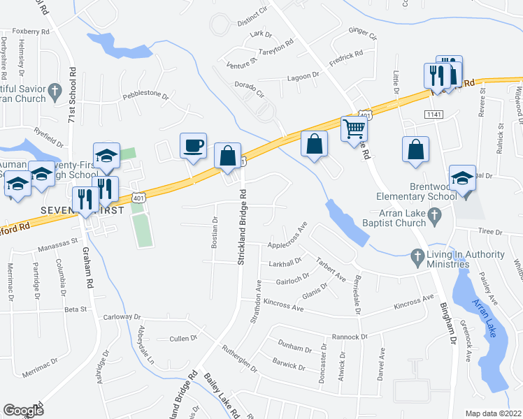 map of restaurants, bars, coffee shops, grocery stores, and more near 6433 Starbrook Drive in Fayetteville