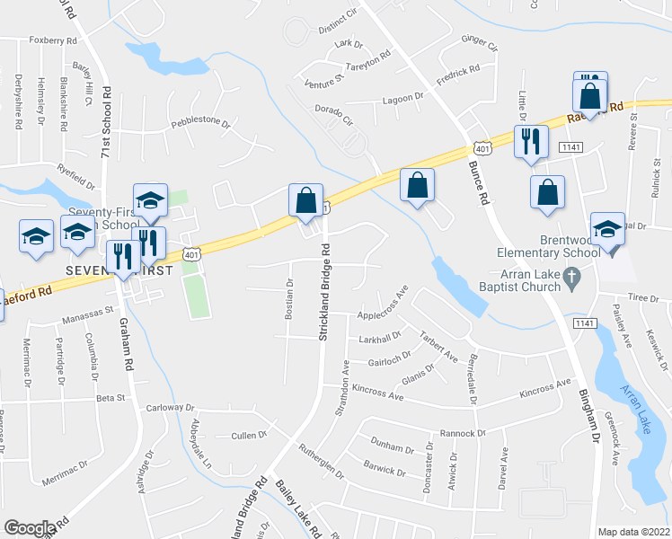 map of restaurants, bars, coffee shops, grocery stores, and more near 6453 Starbrook Drive in Fayetteville