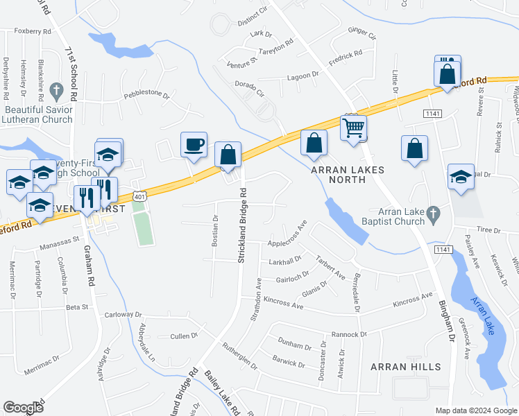 map of restaurants, bars, coffee shops, grocery stores, and more near 6437 Starbrook Drive in Fayetteville