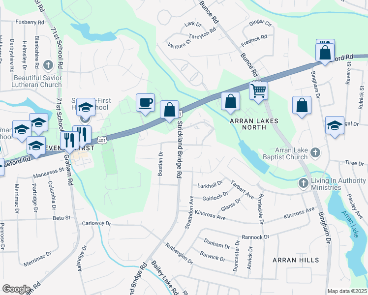 map of restaurants, bars, coffee shops, grocery stores, and more near 6449 Starbrook Drive in Fayetteville