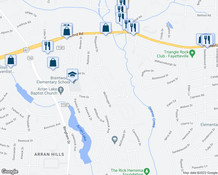 map of restaurants, bars, coffee shops, grocery stores, and more near 1144 Wildwood Drive in Fayetteville