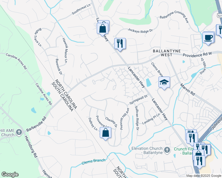 map of restaurants, bars, coffee shops, grocery stores, and more near 12112 Crescent Run Court in Charlotte