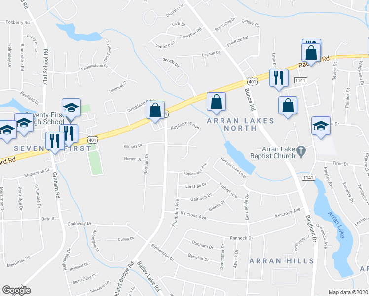 map of restaurants, bars, coffee shops, grocery stores, and more near 6419 Starbrook Drive in Fayetteville