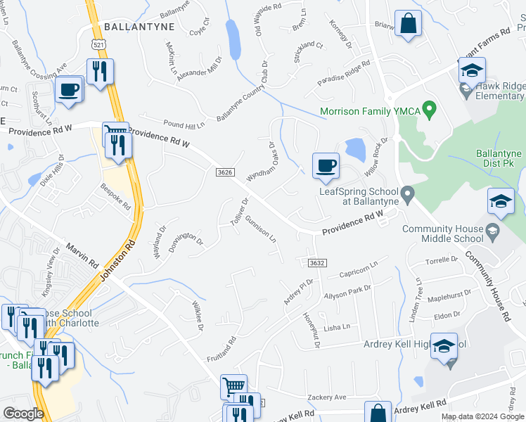 map of restaurants, bars, coffee shops, grocery stores, and more near 10339 Providence Road West in Charlotte