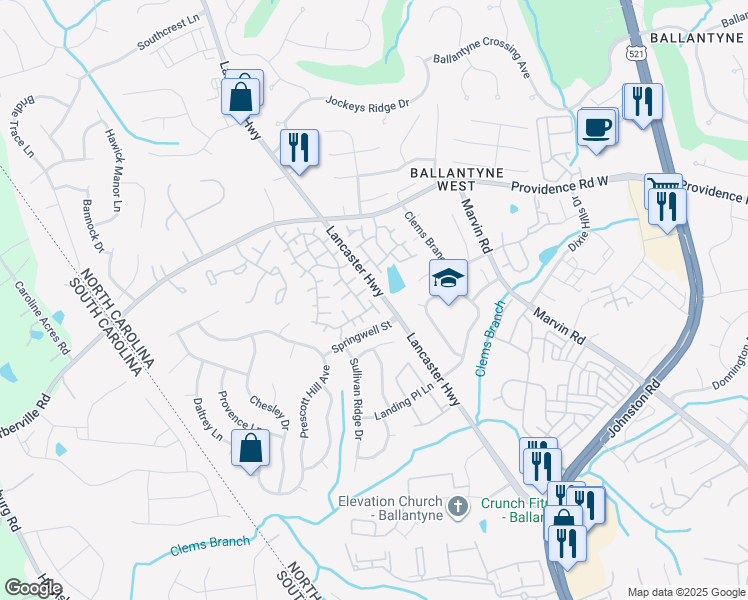 map of restaurants, bars, coffee shops, grocery stores, and more near 12014 Springwell Street in Charlotte