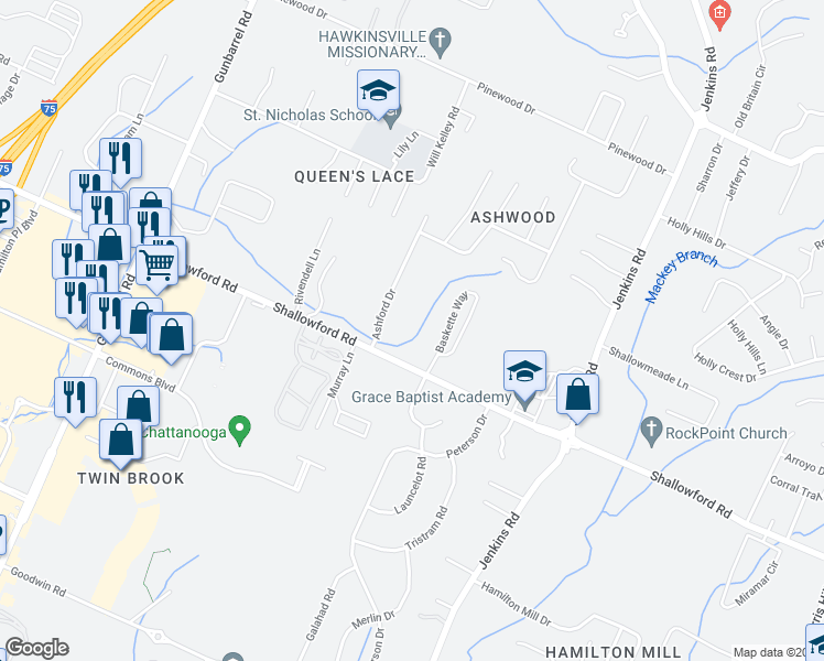 map of restaurants, bars, coffee shops, grocery stores, and more near 7683 Shallowford Road in Chattanooga