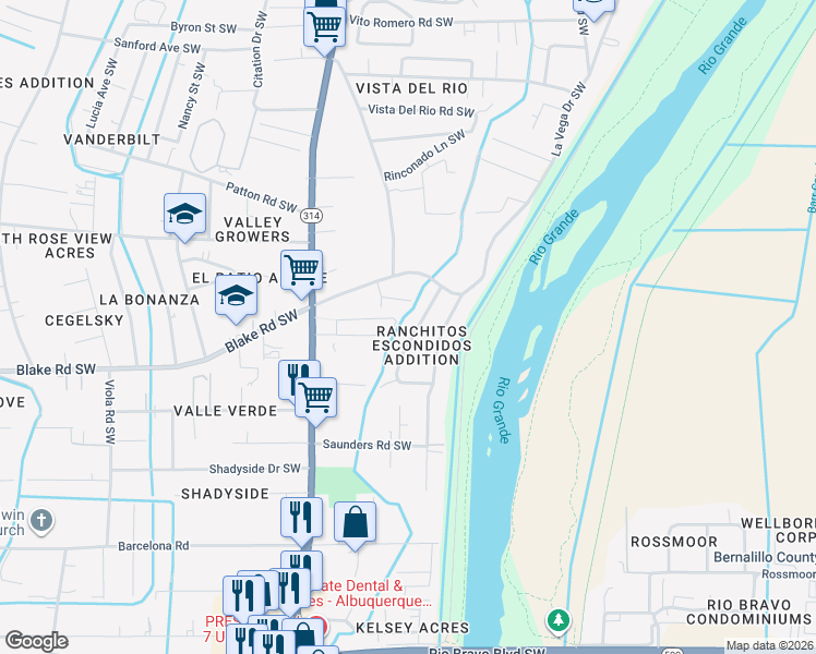 map of restaurants, bars, coffee shops, grocery stores, and more near 2620 Cuatro Milpas Road Southwest in Albuquerque