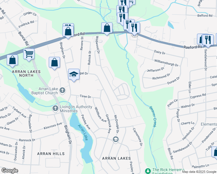 map of restaurants, bars, coffee shops, grocery stores, and more near 1200 Wildwood Drive in Fayetteville