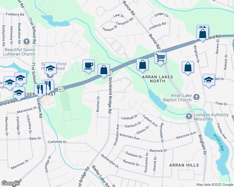 map of restaurants, bars, coffee shops, grocery stores, and more near 6541 Raeford Road in Fayetteville