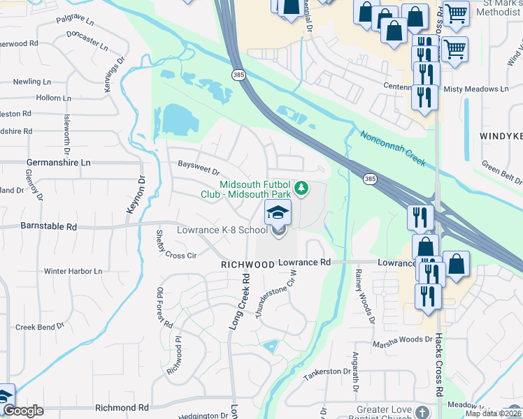 map of restaurants, bars, coffee shops, grocery stores, and more near 4070 Long Creek Road in Memphis