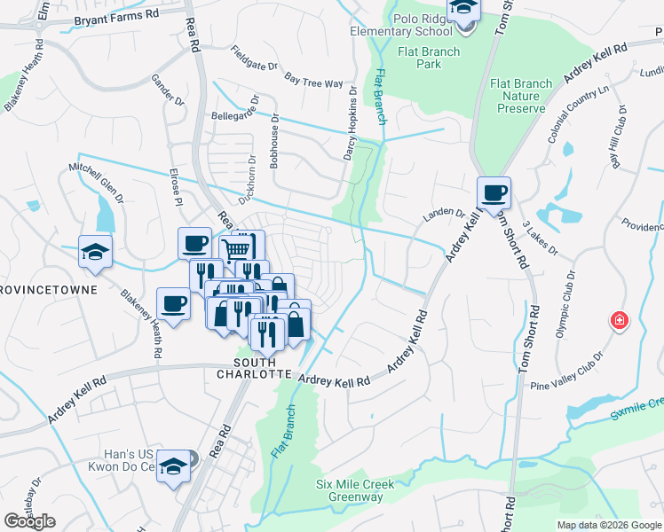 map of restaurants, bars, coffee shops, grocery stores, and more near 10454 Alexander Martin Avenue in Charlotte