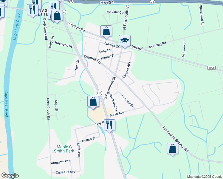 map of restaurants, bars, coffee shops, grocery stores, and more near 405 South Plymouth Street in Fayetteville