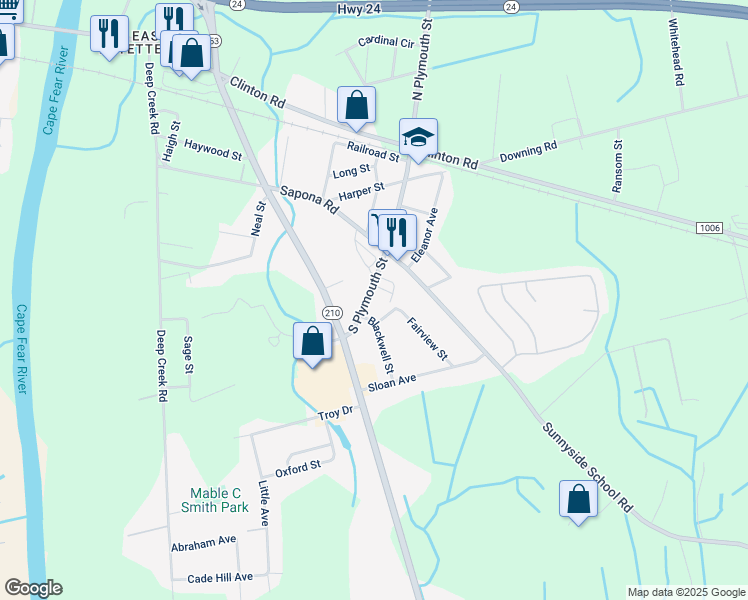 map of restaurants, bars, coffee shops, grocery stores, and more near 405 South Plymouth Street in Fayetteville