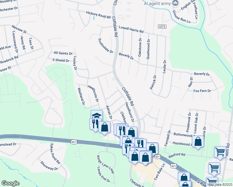 map of restaurants, bars, coffee shops, grocery stores, and more near 7894 Ladonia Drive in Fayetteville