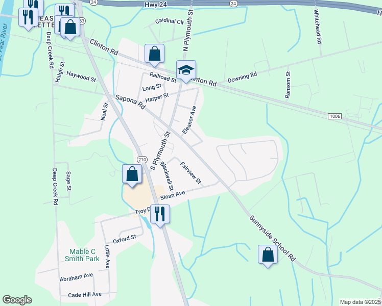 map of restaurants, bars, coffee shops, grocery stores, and more near 1916 Sapona Road in Fayetteville