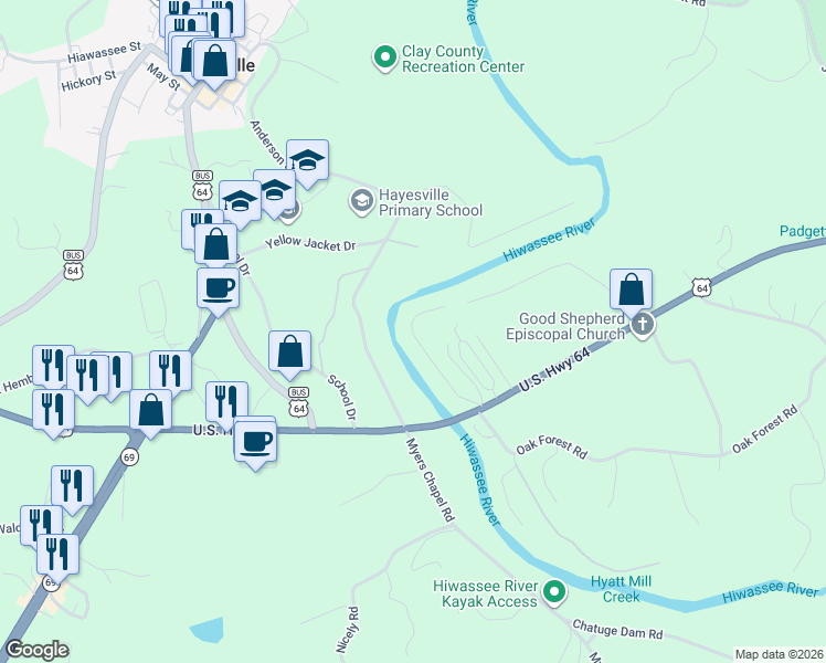 map of restaurants, bars, coffee shops, grocery stores, and more near 163 Rivers Edge Drive in Hayesville