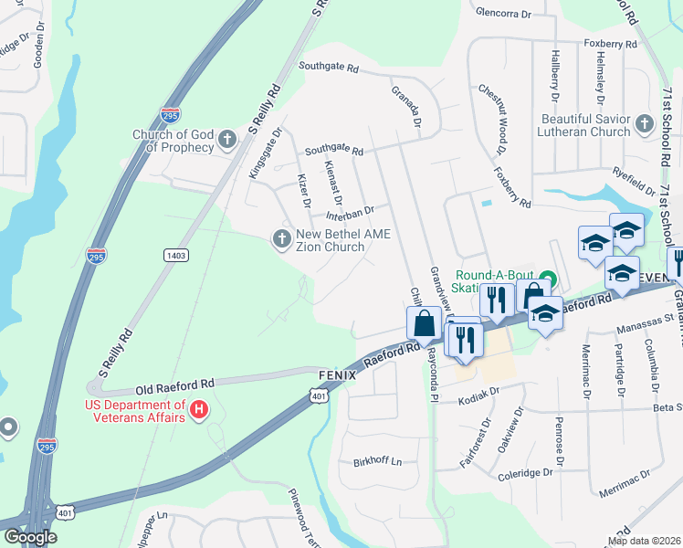 map of restaurants, bars, coffee shops, grocery stores, and more near 1323 Kienast Drive in Fayetteville